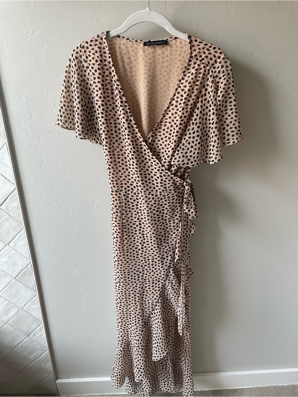 Cotton Candy LA Beige Wrap Midi Dress with Black Dot Print